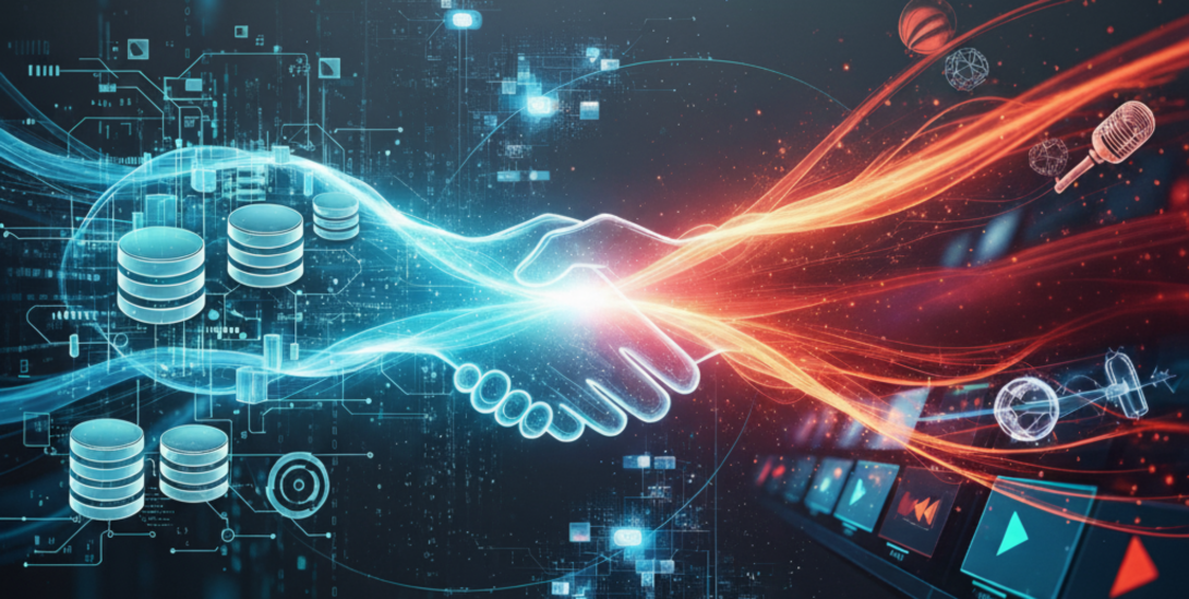 wo hands, one glowing with blue light and the other with orange, meet in a handshake. The blue side features server racks and data visualizations, while the orange side includes a broadcast mixer and a microphone. This image represents a partnership between technology and media.